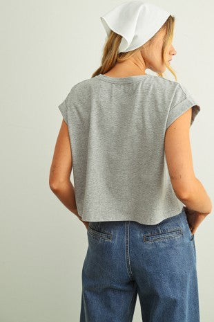 USA FLORAL PATCHWORK TEE--GREY