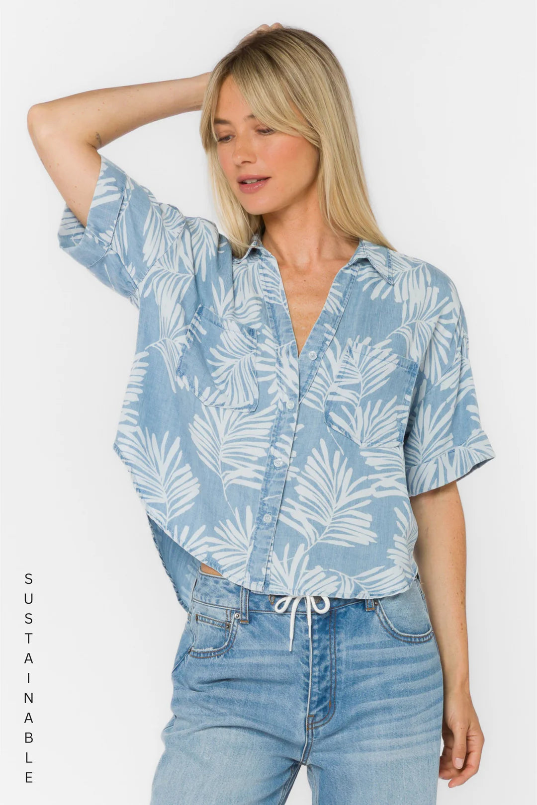 VELVET HEART BRANDON PALM LEAF SHIRT--BLUE MIX