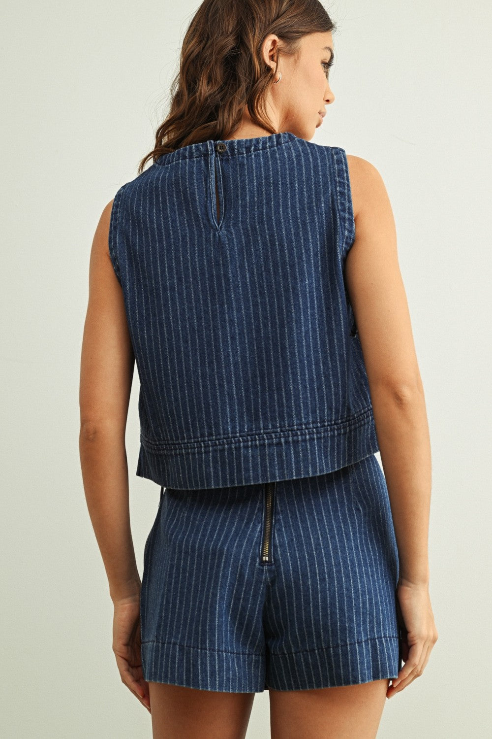PINSTRIPED WRAP SKORT--DENIM BLUE