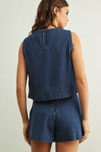 PINSTRIPED WRAP SKORT--DENIM BLUE