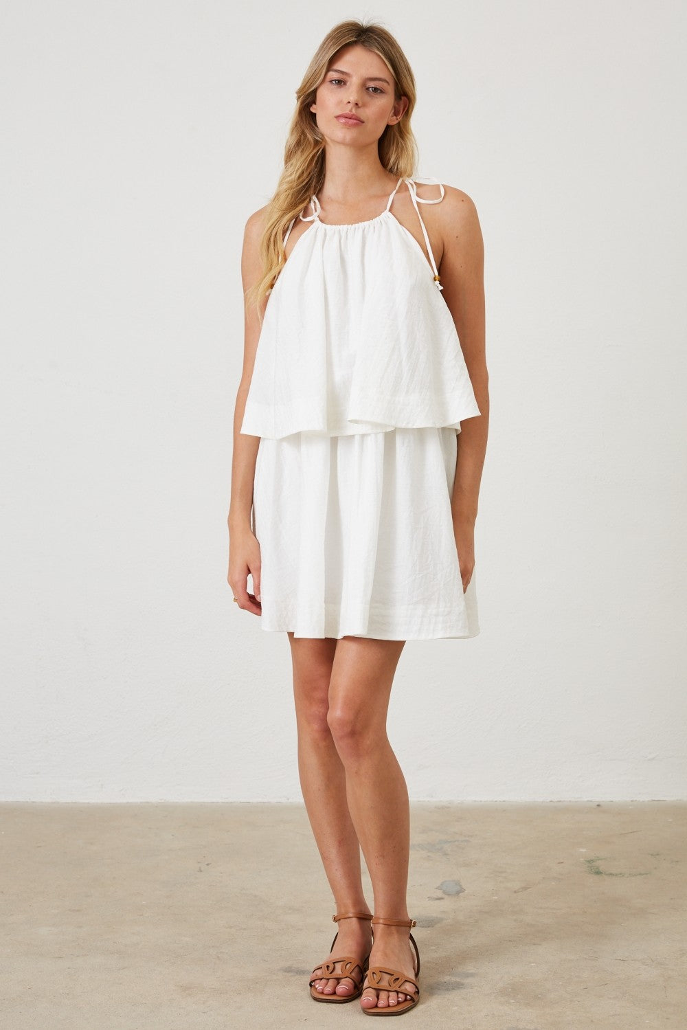 HALTER DRESS WITH LAYERED BODICE AND SWING FIT--OFF WHITE
