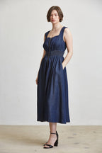 SLEEVELESS SMOCKED WAIST ZIP FRONT MIDI DRESS--DK. DENIM