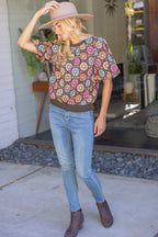FLORAL EMBROIDERED BUBBLE SLEEVE TOP--BROWN/PINK