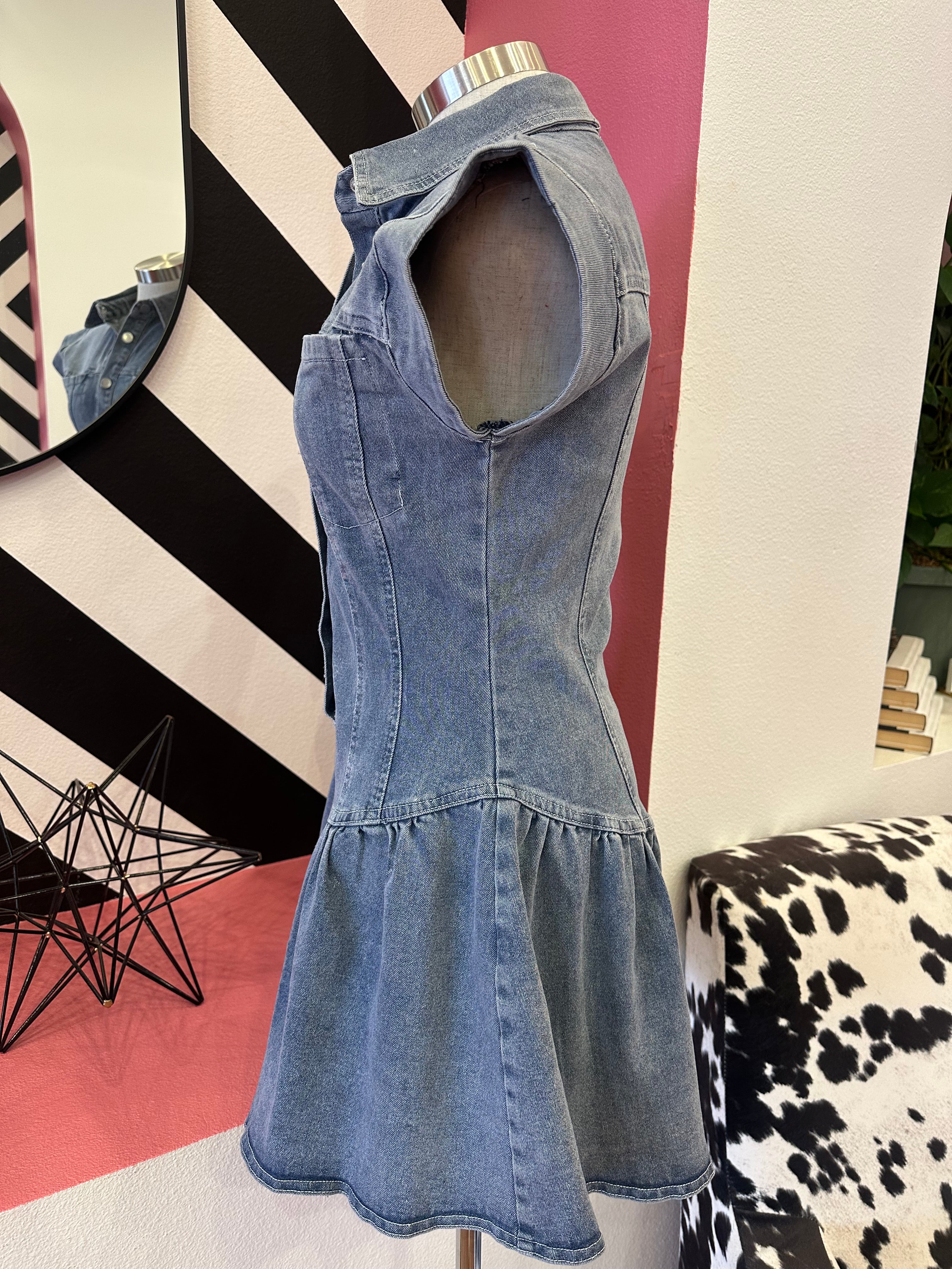 DENIM SNAP FRONT SKIRT STYLE ROMPER