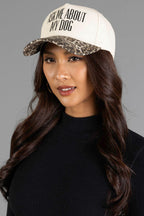 ASK ME ABOUT MY DOG LEOPARD/IVORY TRUCKER HAT