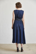 SLEEVELESS SMOCKED WAIST ZIP FRONT MIDI DRESS--DK. DENIM