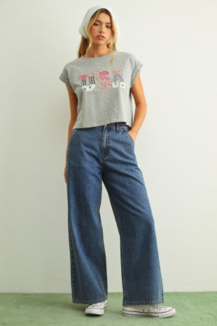 USA FLORAL PATCHWORK TEE--GREY