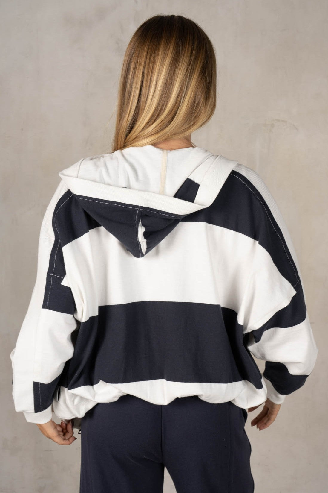 STRIPE SLOUCHY HOODIE JACKET--NAVY
