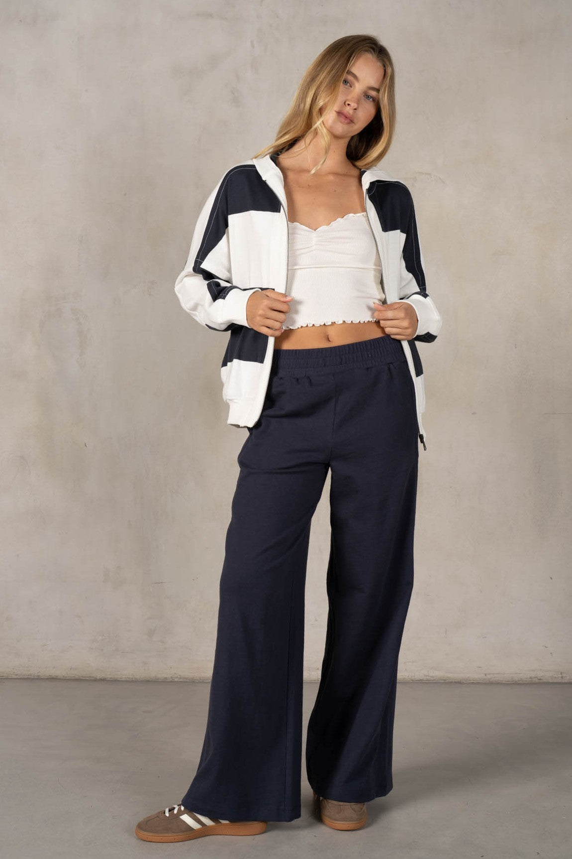 STRIPE SLOUCHY HOODIE JACKET--NAVY