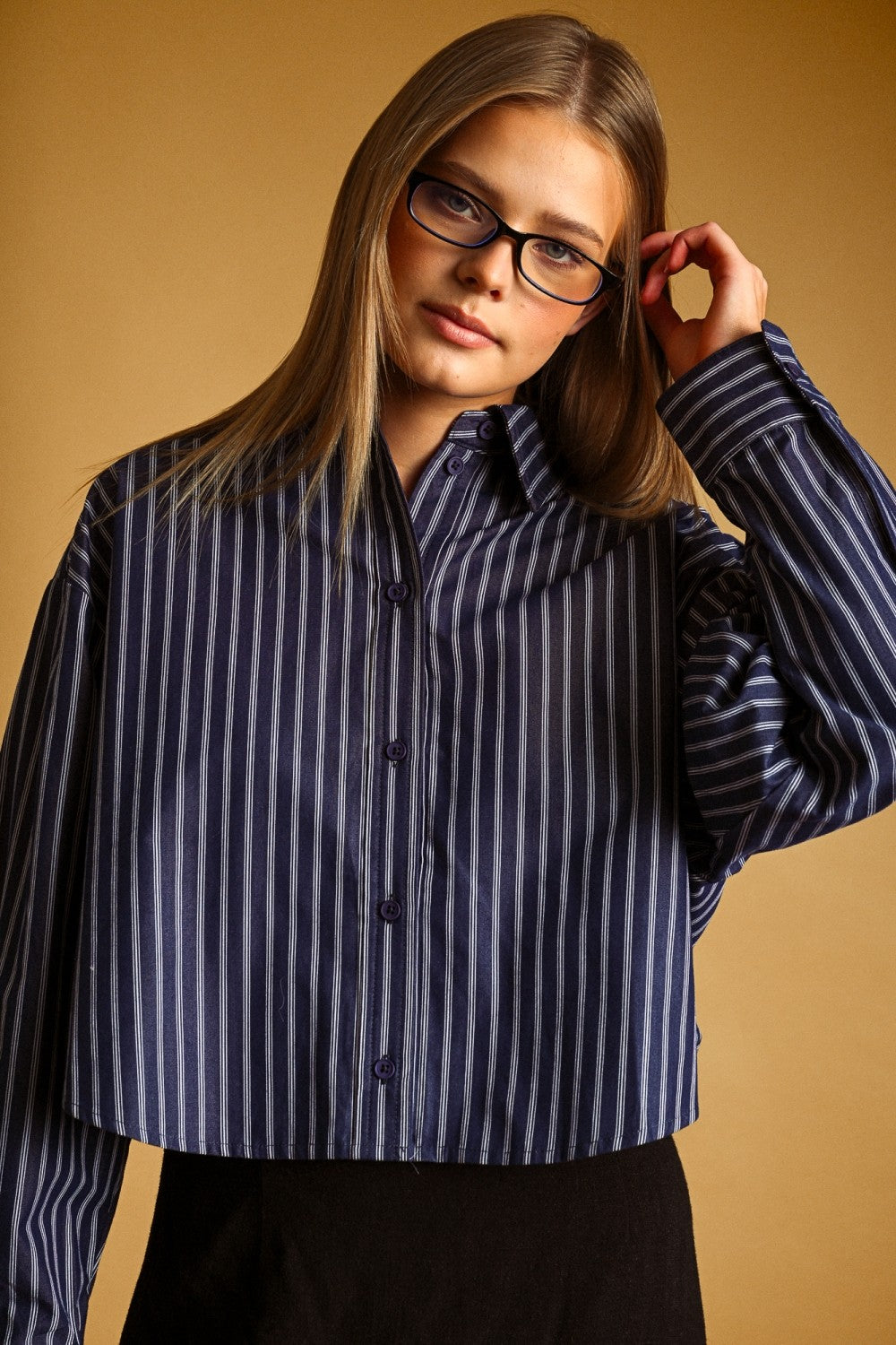 STRIPED BUTTON DOWN TOP--NAVY