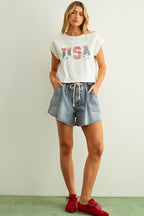 USA FLORAL PATCHWORK TEE--WHITE