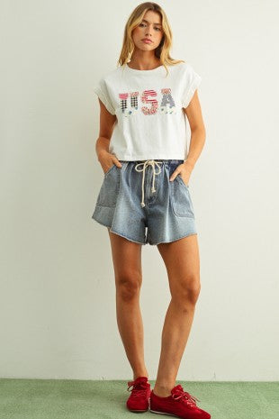 USA FLORAL PATCHWORK TEE--WHITE