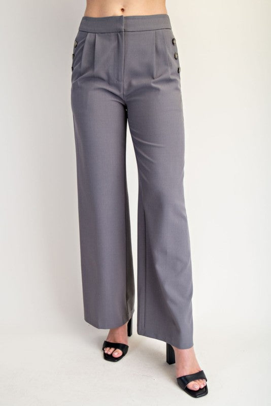 SIDE BUTTON DETAIL WOVEN PANTS--GREY