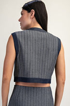 HERRINGBONE DENIM MIX VEST--INDIGO
