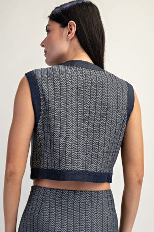 HERRINGBONE DENIM MIX VEST--INDIGO