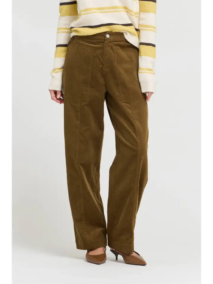 MOSS BROWN MID RISE BARREL PANTS