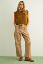 STRIPED BARREL PANTS W/ BELT--CAMEL