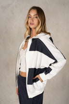 STRIPE SLOUCHY HOODIE JACKET--NAVY