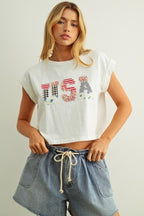 USA FLORAL PATCHWORK TEE--WHITE