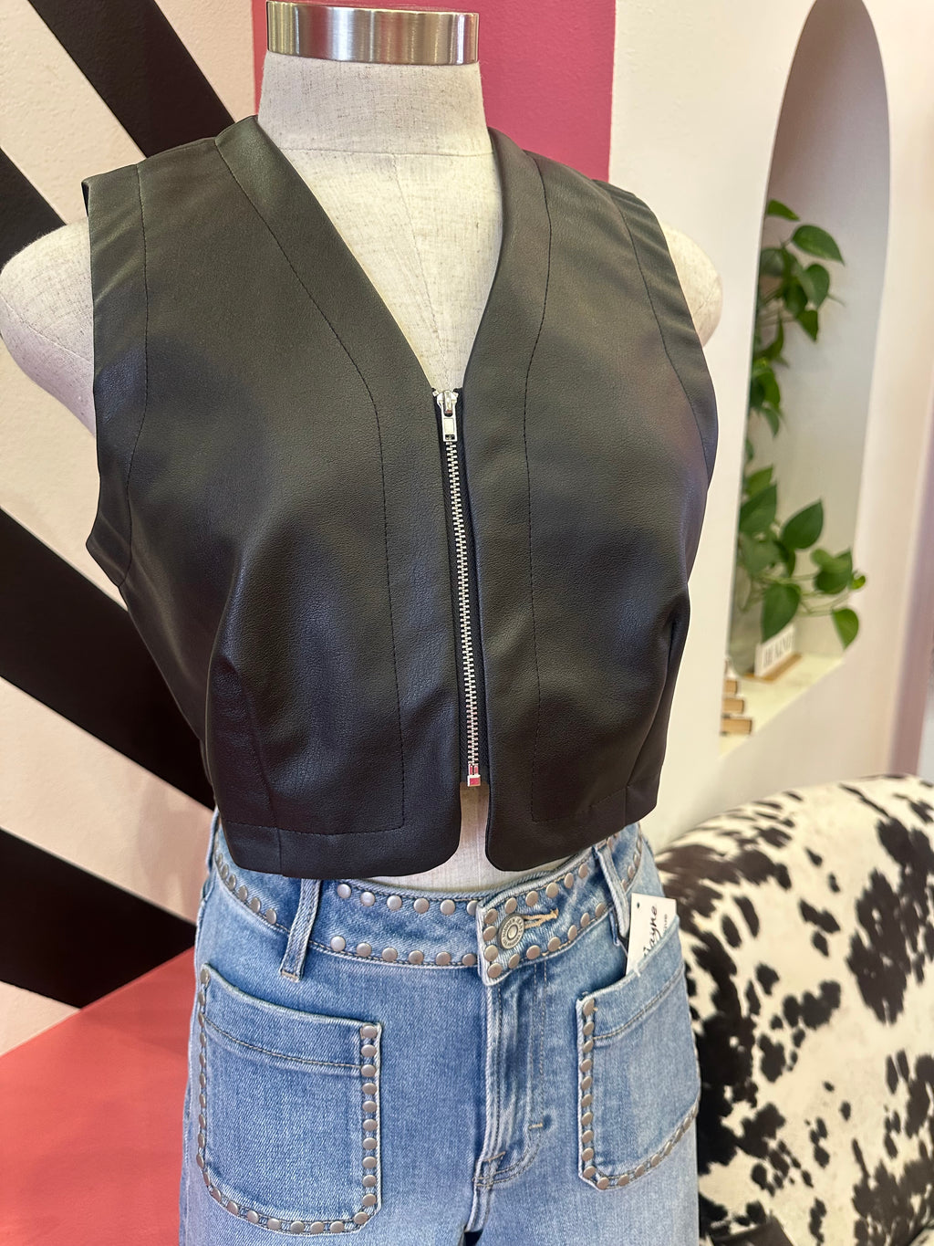 VROOM VROOM FAUX LEATHER VEST TOP--BLACK