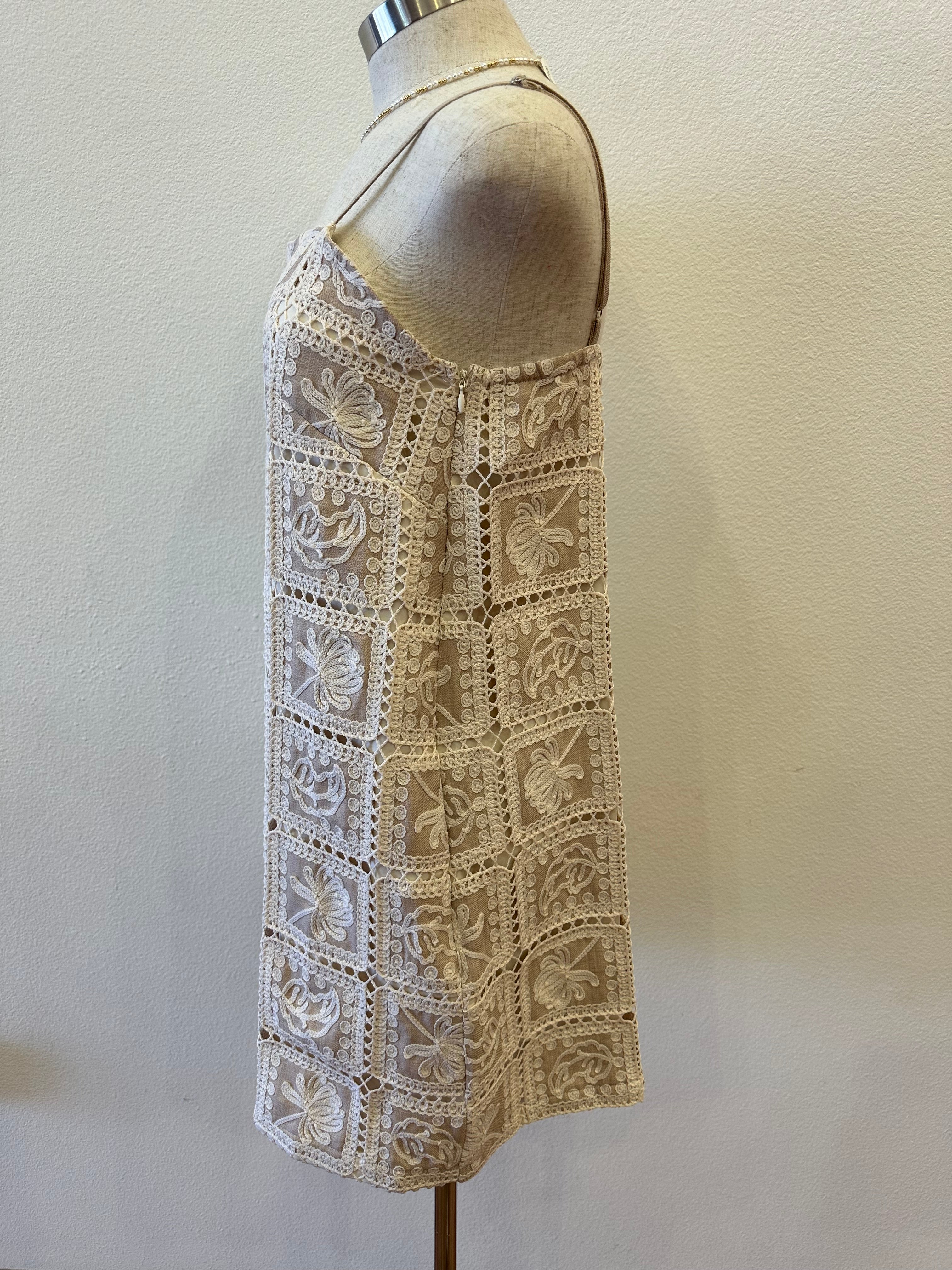 CONTRAST CROCHET MINI DRESS--TAN/CREAM – Simply Jayne Boutique LLC