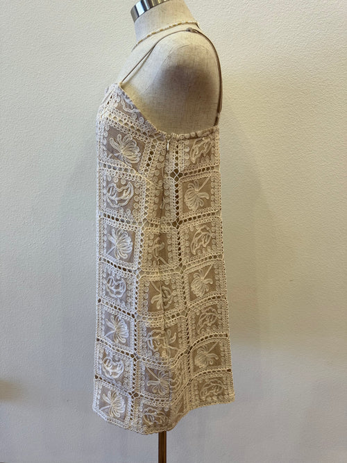 CONTRAST CROCHET MINI DRESS--TAN/CREAM