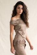 ASYMMETRIC SATIN TOP WITH LACE TRIM--MOCHA