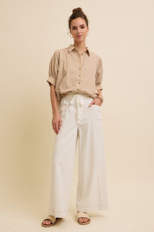 OVERSIZED SHORT SLEEVE BUTTON DOWN TOP--MOCHA