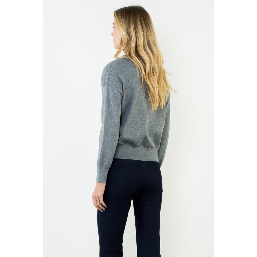CLLAR LS V-NECK KNIT SWEATER--GRAY