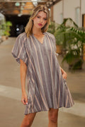 V-NECK STRIPED SIDE POCKET MINI DRESS--BROWN SUGAR