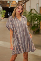 V-NECK STRIPED SIDE POCKET MINI DRESS--BROWN SUGAR