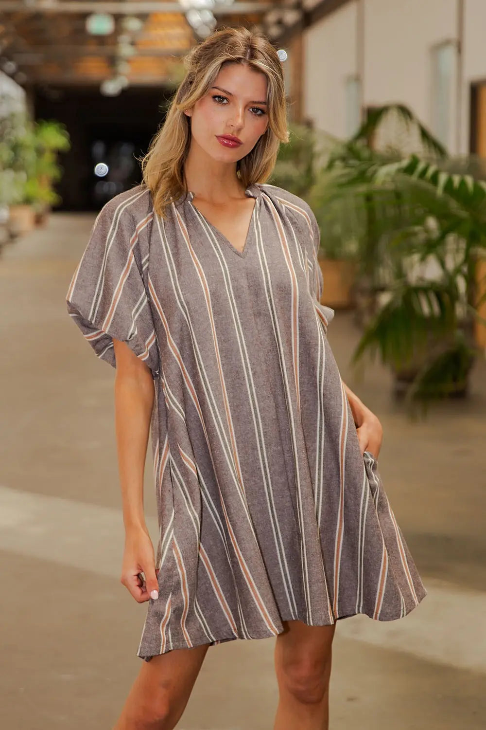 V-NECK STRIPED SIDE POCKET MINI DRESS--BROWN SUGAR
