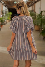 V-NECK STRIPED SIDE POCKET MINI DRESS--BROWN SUGAR