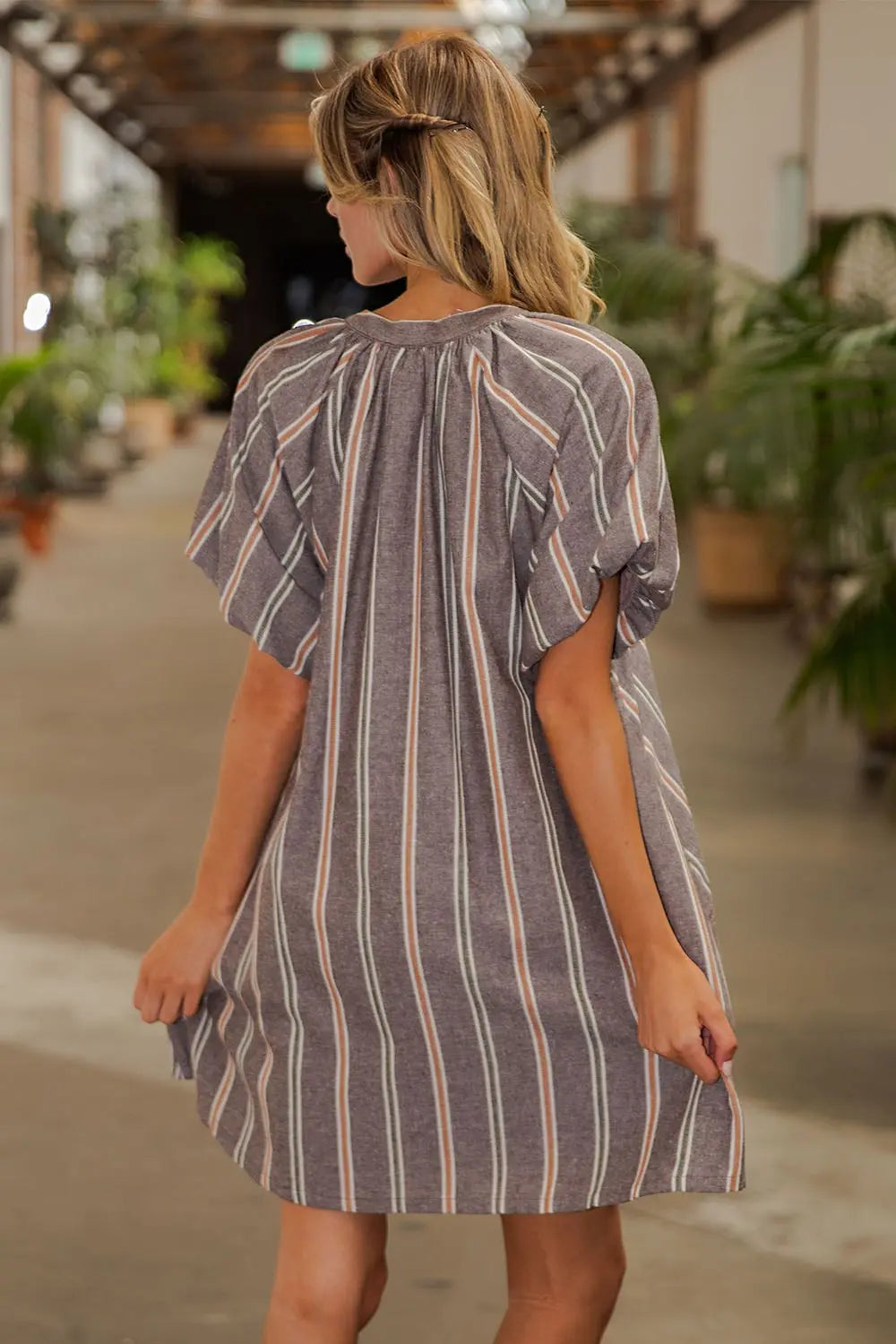V-NECK STRIPED SIDE POCKET MINI DRESS--BROWN SUGAR