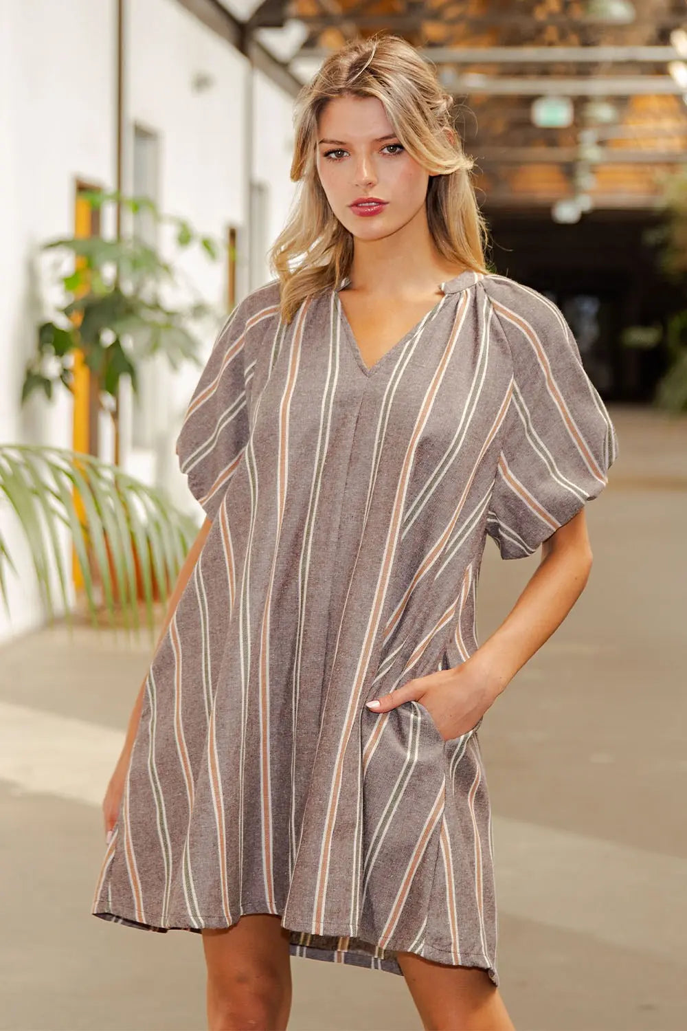 V-NECK STRIPED SIDE POCKET MINI DRESS--BROWN SUGAR