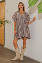 V-NECK STRIPED SIDE POCKET MINI DRESS--BROWN SUGAR