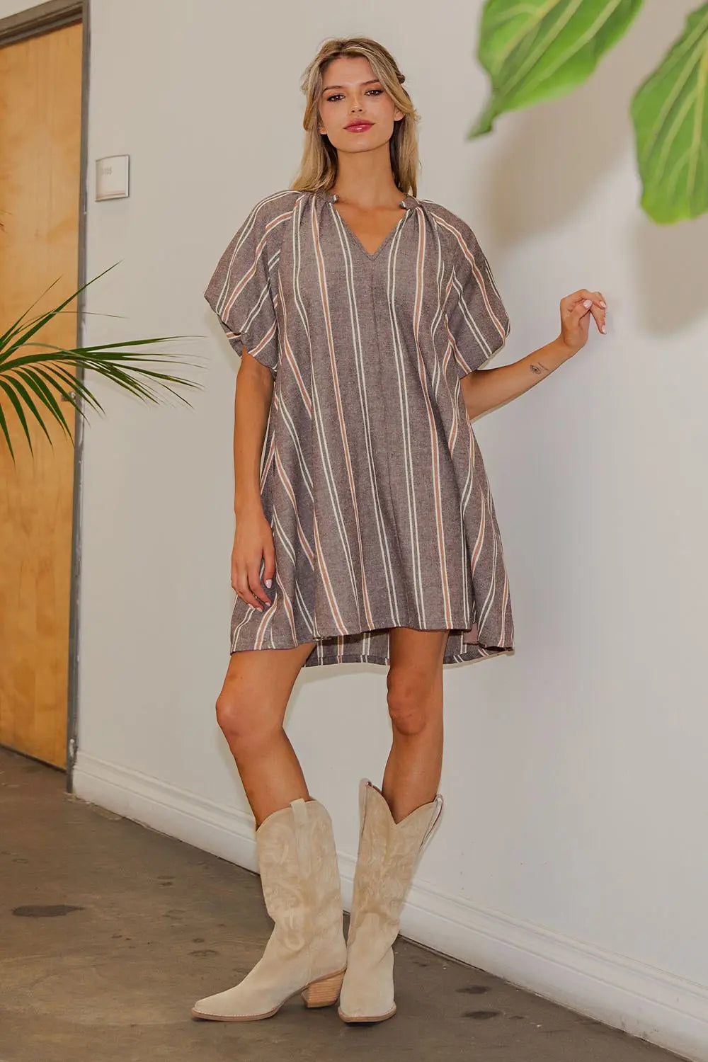 V-NECK STRIPED SIDE POCKET MINI DRESS--BROWN SUGAR