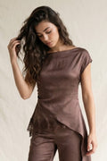 ASYMMETRIC SATIN TOP WITH LACE TRIM--BROWN