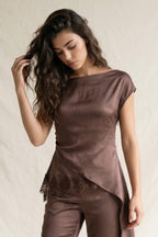 ASYMMETRIC SATIN TOP WITH LACE TRIM--BROWN