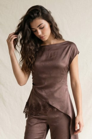 ASYMMETRIC SATIN TOP WITH LACE TRIM--BROWN