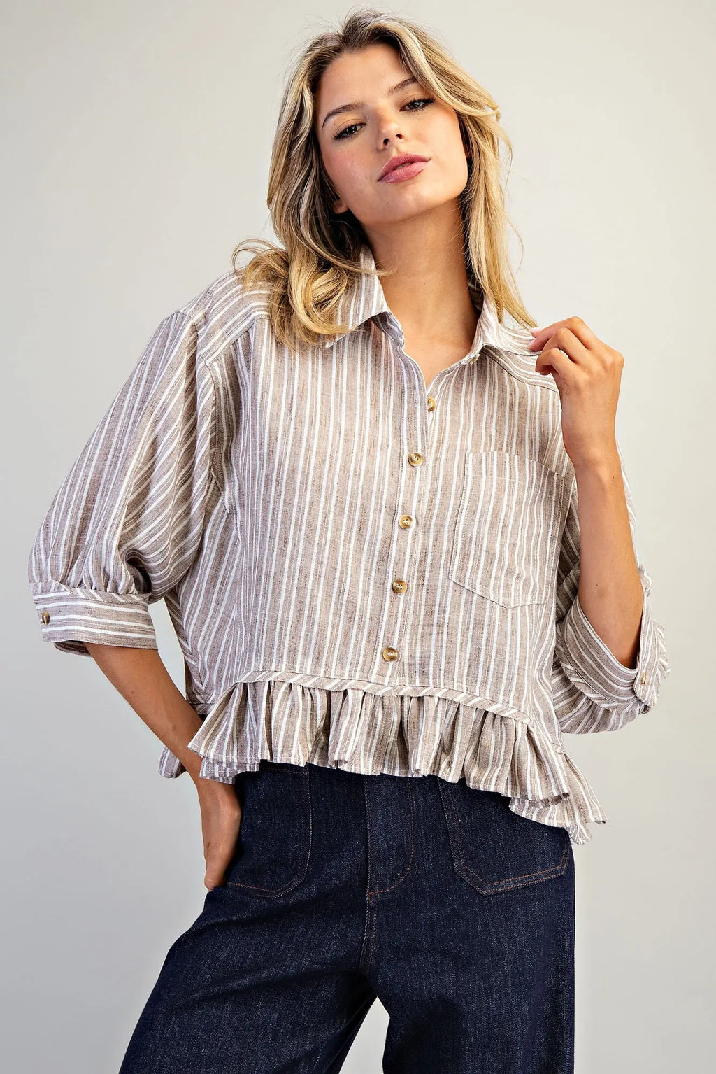 STRIPED BUTTON DOWN RUFFLED HEM HI LOW TOP-COCO