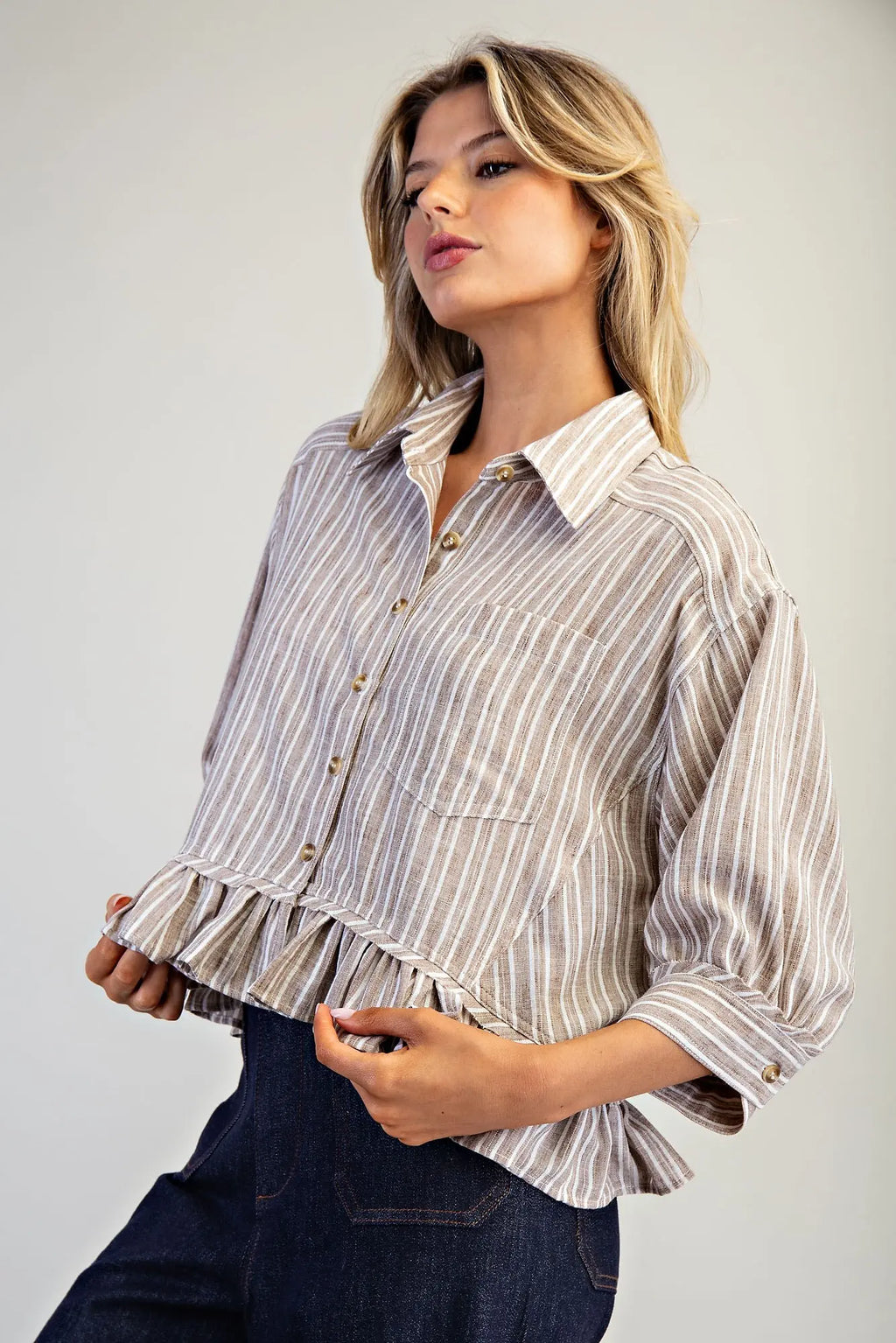 STRIPED BUTTON DOWN RUFFLED HEM HI LOW TOP-COCO