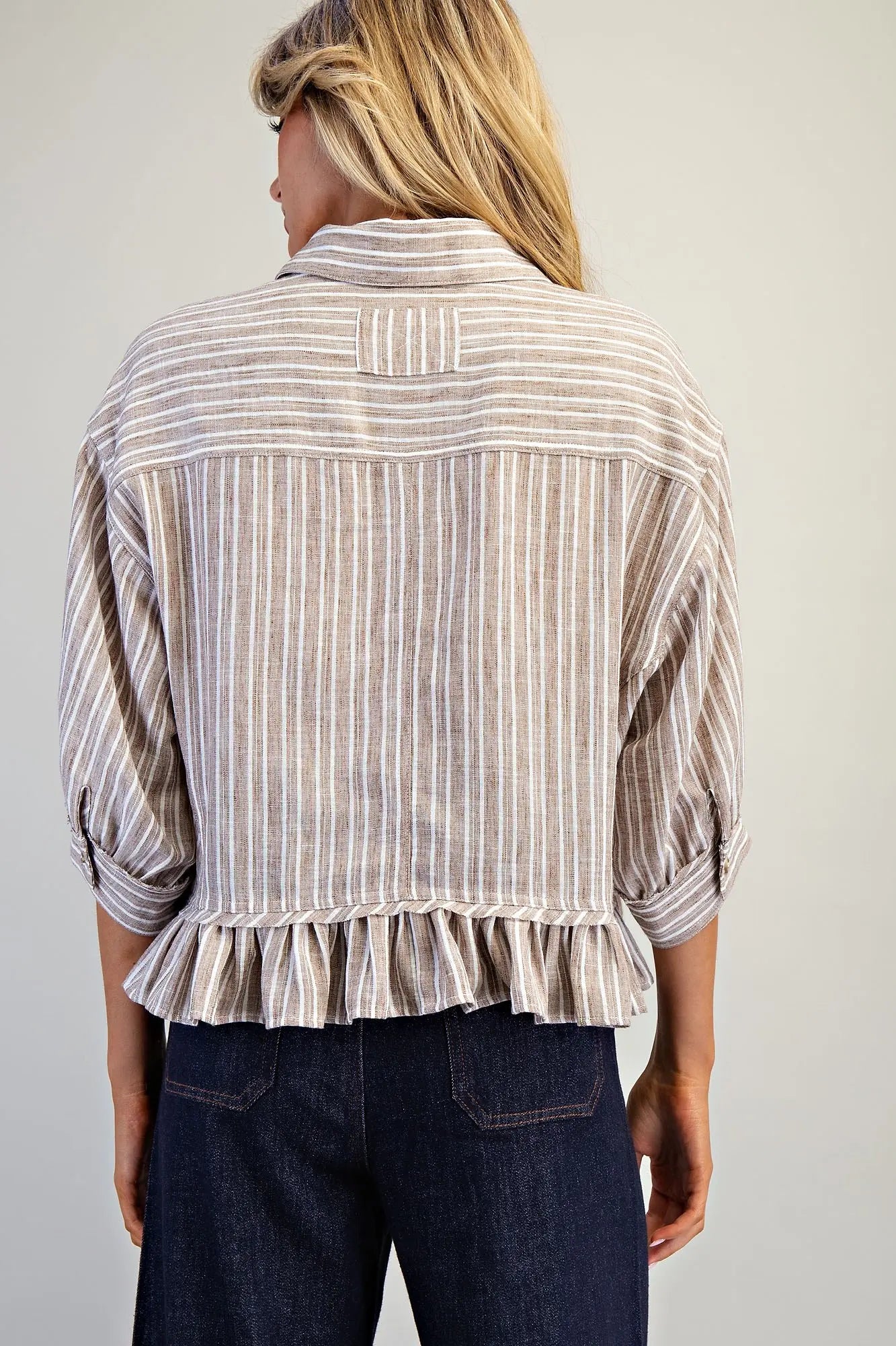 STRIPED BUTTON DOWN RUFFLED HEM HI LOW TOP-COCO