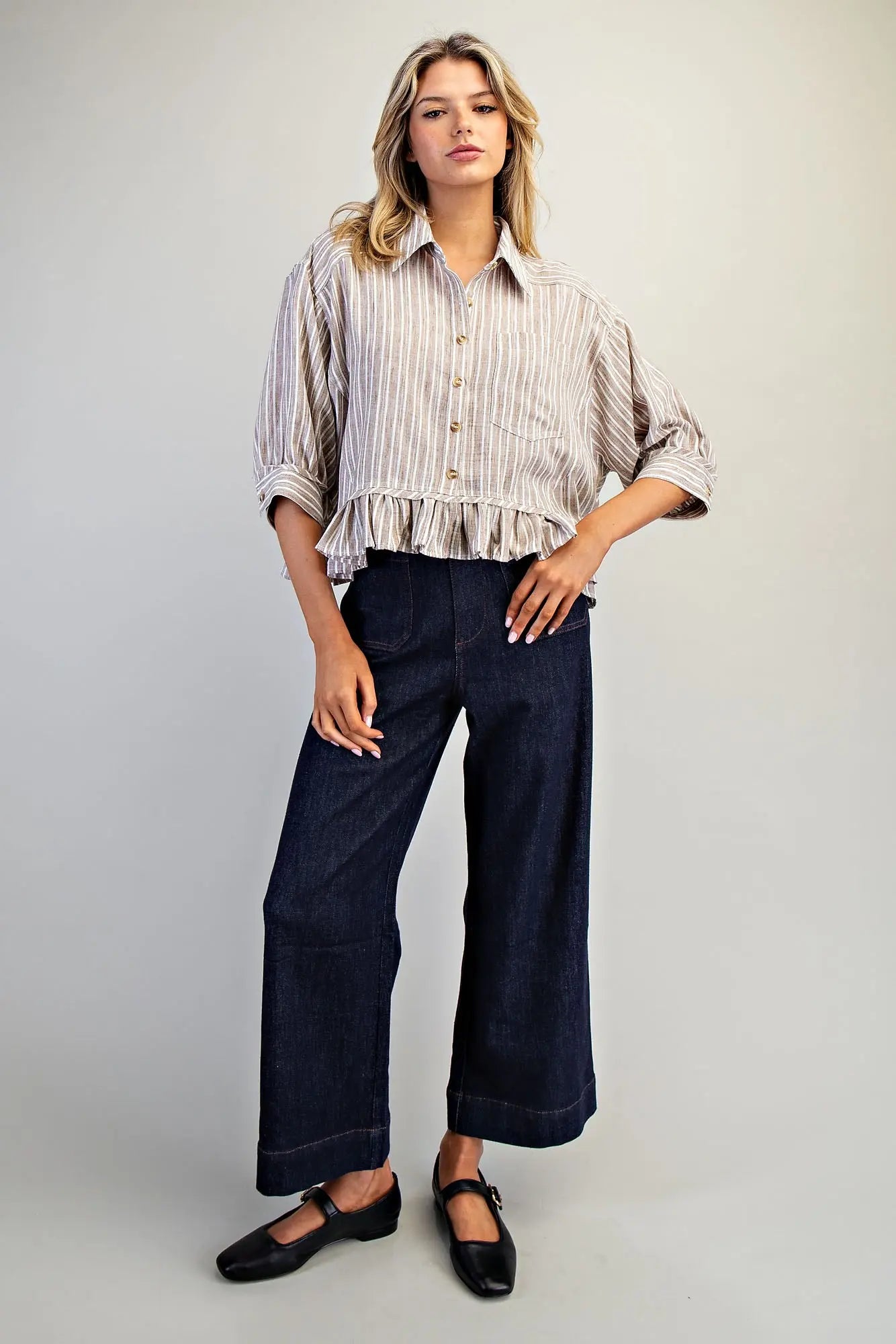 STRIPED BUTTON DOWN RUFFLED HEM HI LOW TOP-COCO