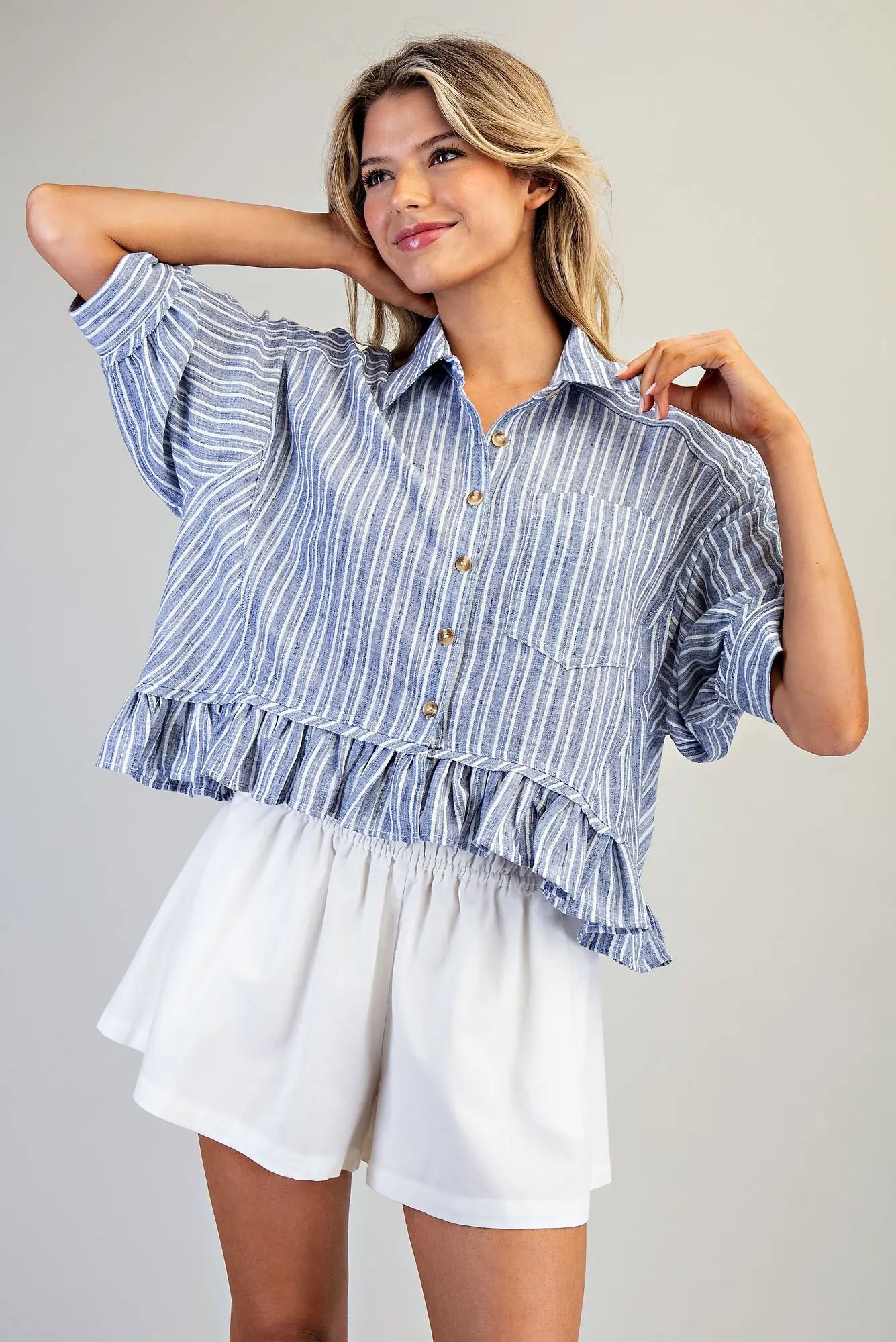 STRIPED BUTTON DOWN RUFFLED HI LOW HEM TOP--DENIM