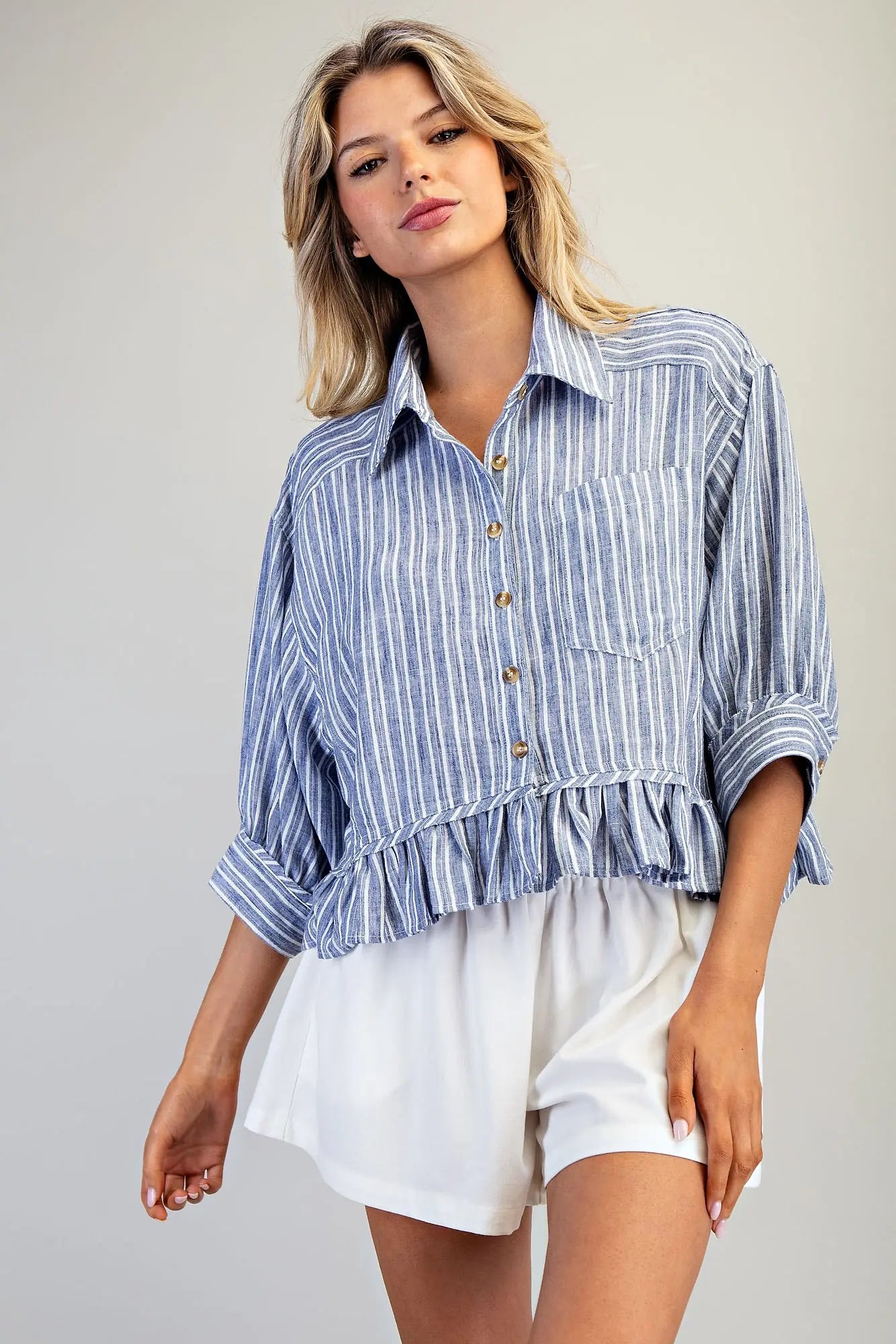 STRIPED BUTTON DOWN RUFFLED HI LOW HEM TOP--DENIM