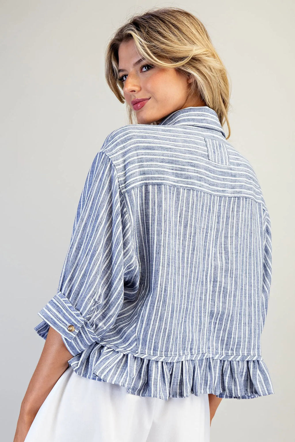 STRIPED BUTTON DOWN RUFFLED HI LOW HEM TOP--DENIM
