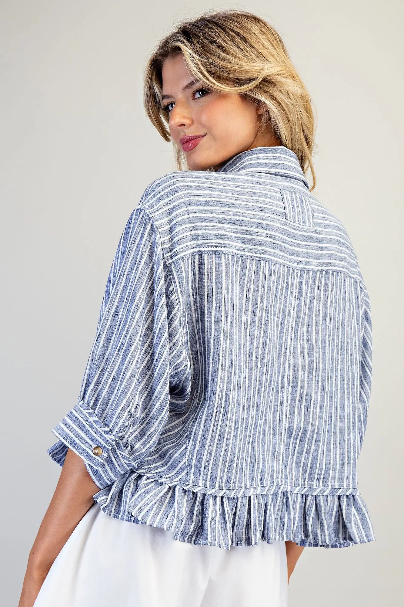 STRIPED BUTTON DOWN RUFFLED HI LOW HEM TOP--DENIM