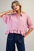 STRIPED BUTTON DOWN RUFFLED HIGH LOW HEM TOP--RASPBERRY