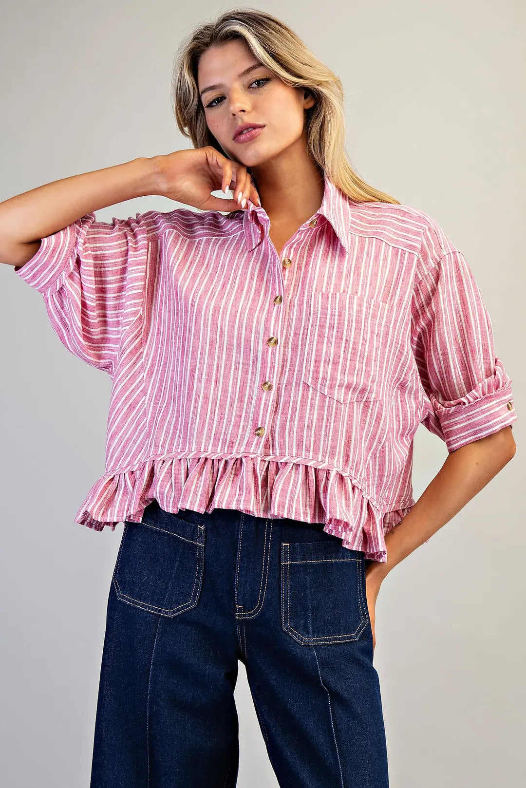 STRIPED BUTTON DOWN RUFFLED HIGH LOW HEM TOP--RASPBERRY